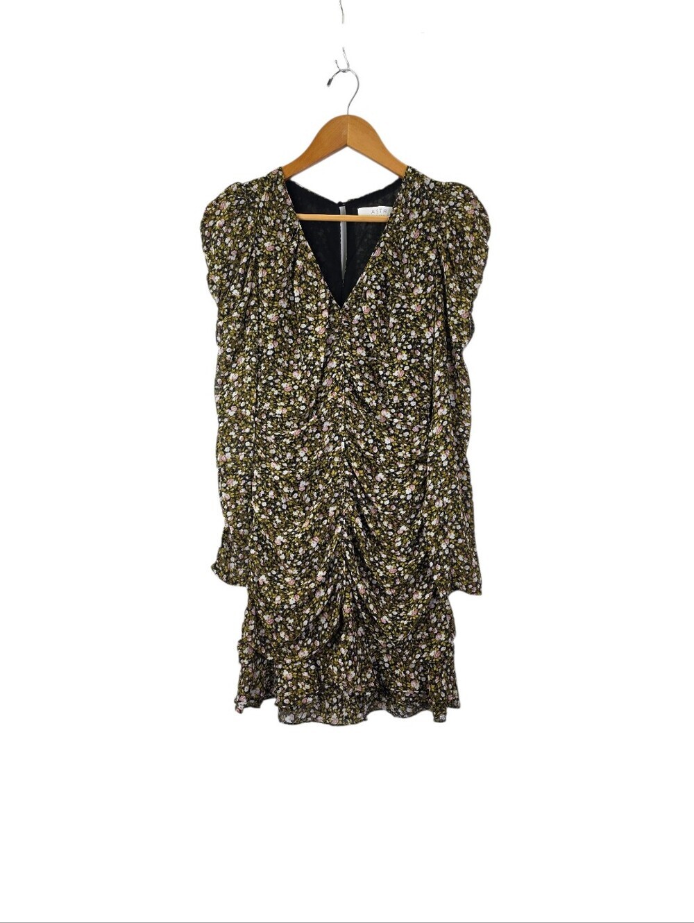 ASTR Long Sleeve Ruched Center Dress Black Multi Floral Puff Shoulder Size Small